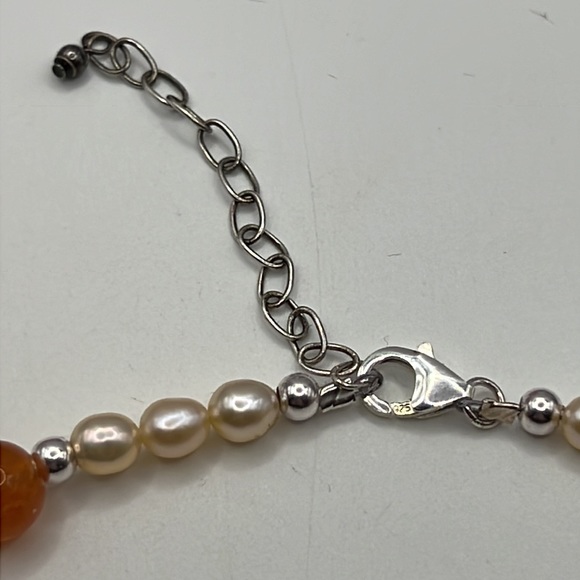 CORAL, FIRE AGATE, PEARL, CRYSTAL & STERLING SILVER ARTISAN CHOKER NECKLACE - Picture 6 of 11